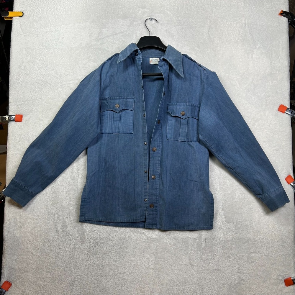 Vintage Guys Snap Safari‎ Shirt Men's Blue Denim Long Sleeve Utility - Small